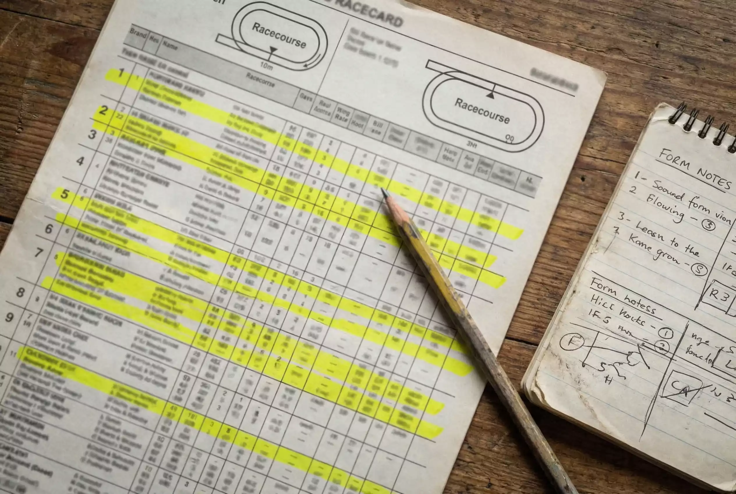 Formanalyse Pferderennen – Rennkarte mit Stift und Formnotizen auf einem Tisch
