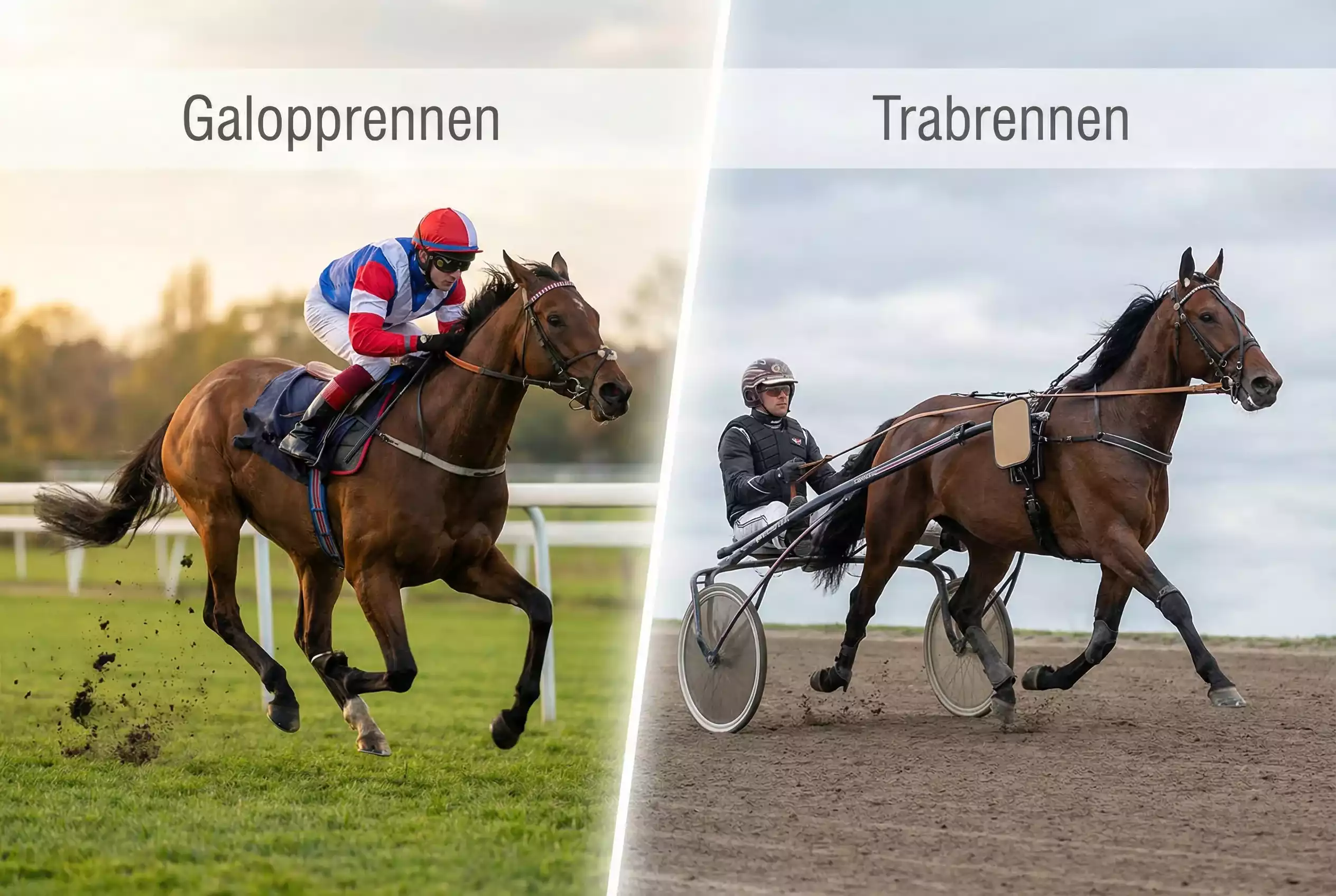 Galopprennen vs. Trabrennen – Galoppierendes Rennpferd und Traber mit Sulky nebeneinander auf der Rennbahn