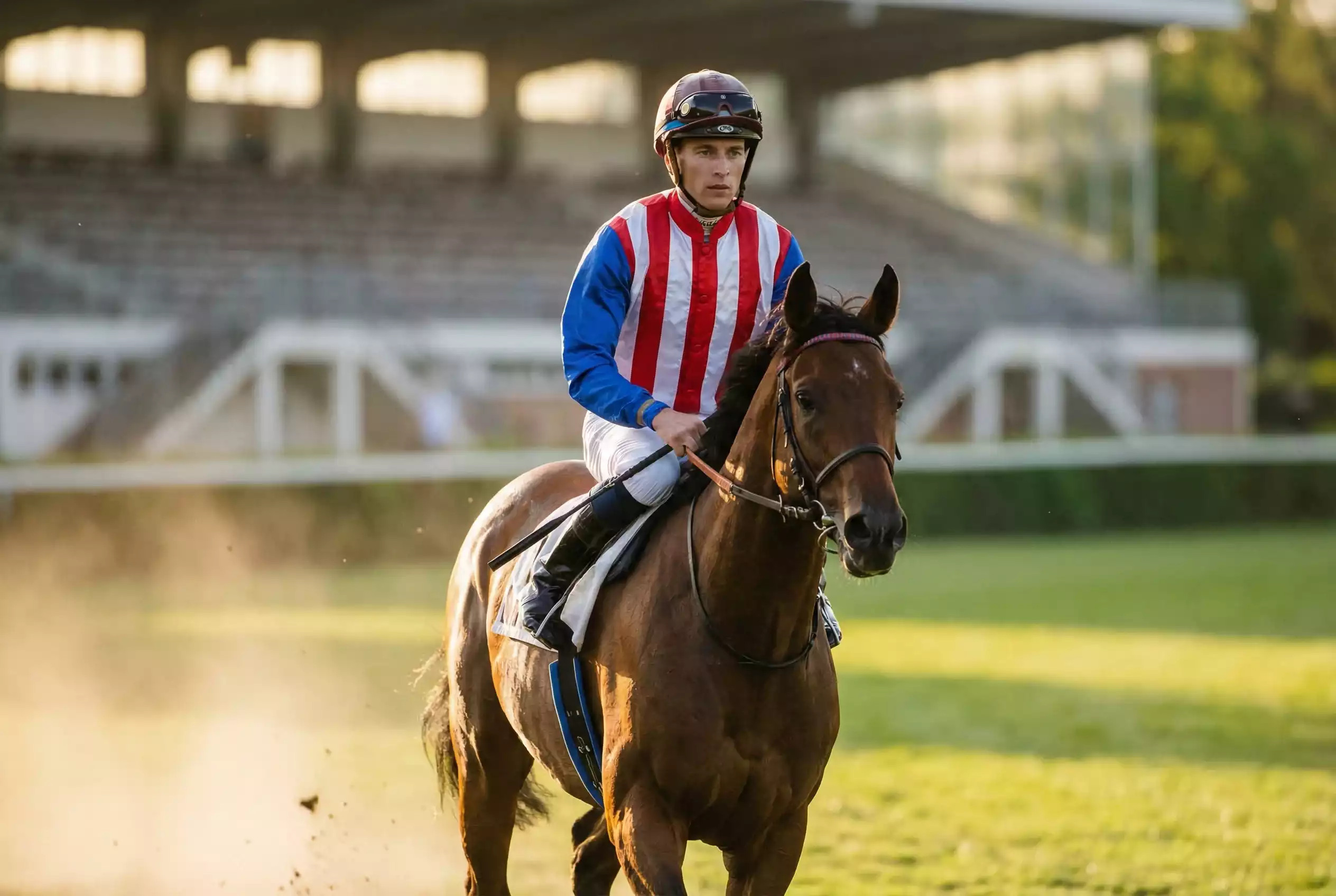 Jockey- und Trainer-Statistiken – Jockey im Sattel beim Aufgalopp auf einer Galopprennbahn