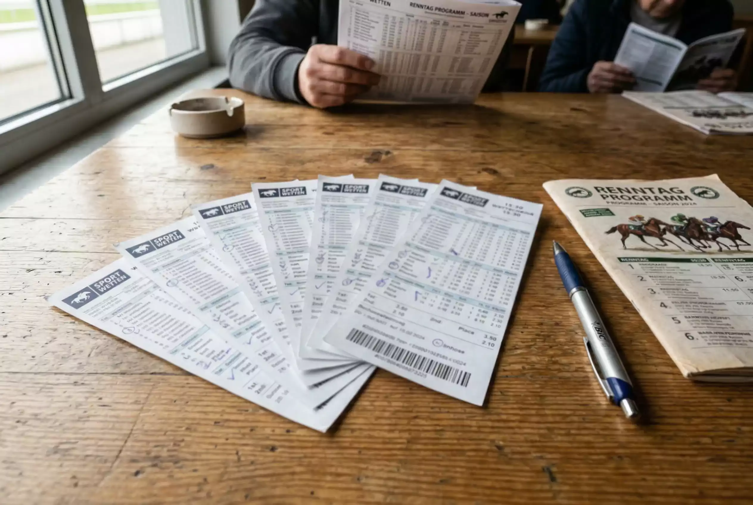 Kombiwetten und Systemwetten Pferderennen – mehrere Wettscheine übereinander auf einem Tisch