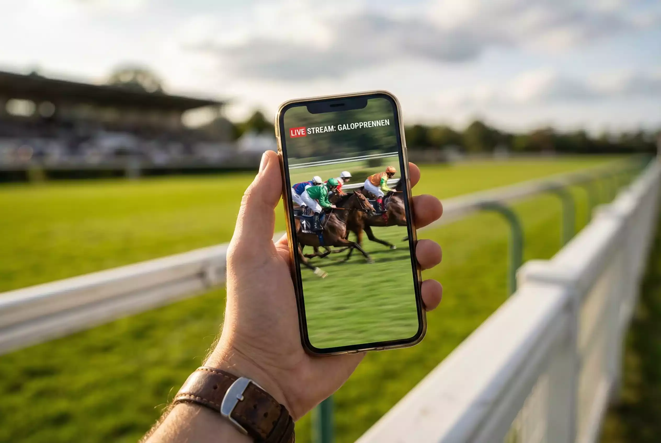 Pferdewetten Apps 2026 – Smartphone mit Livestream eines Galopprennens in der Hand eines Zuschauers an der Rennbahn