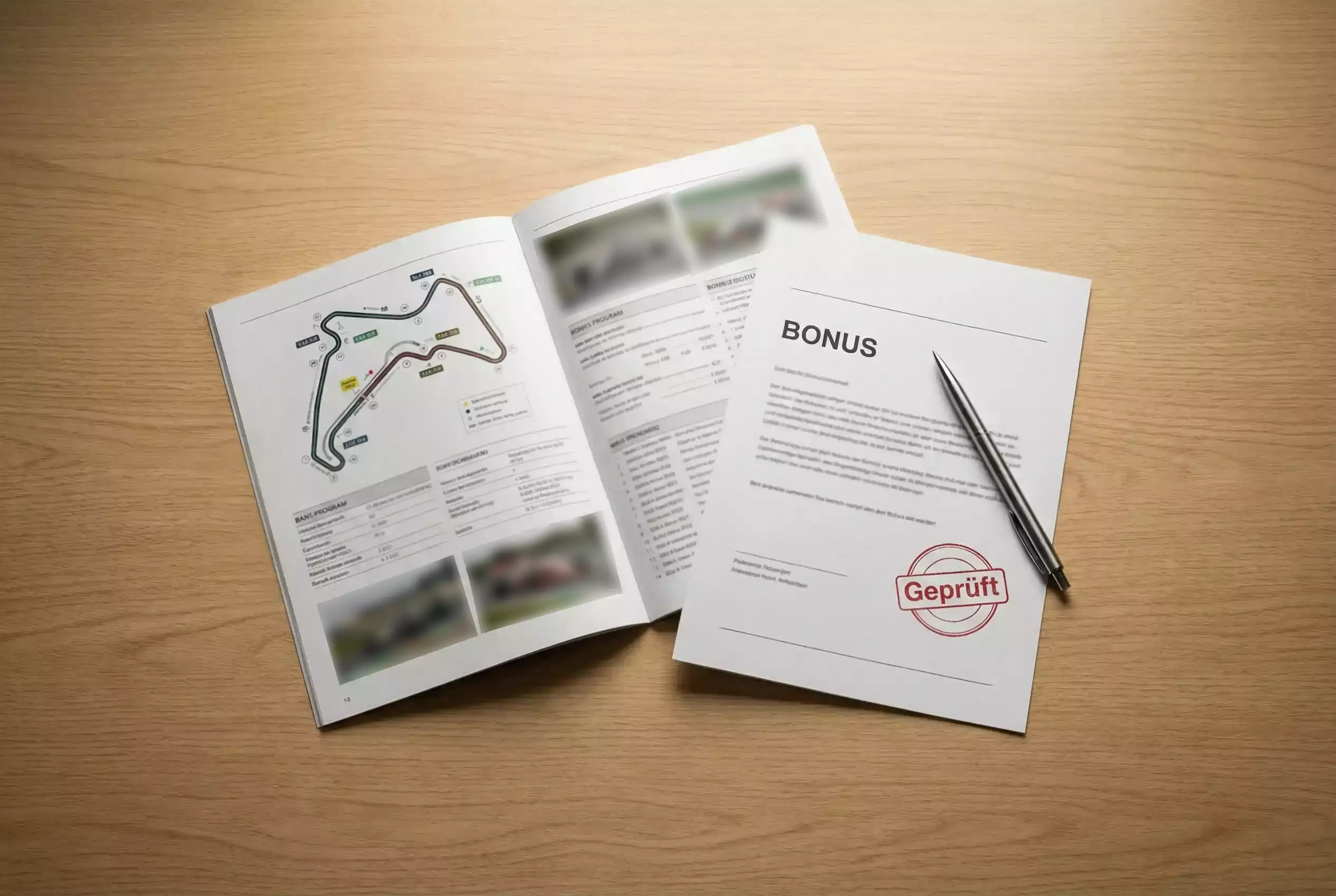 Pferdewetten Bonus – Bonusdokument mit Stempel auf einem Schreibtisch neben einem Rennprogramm