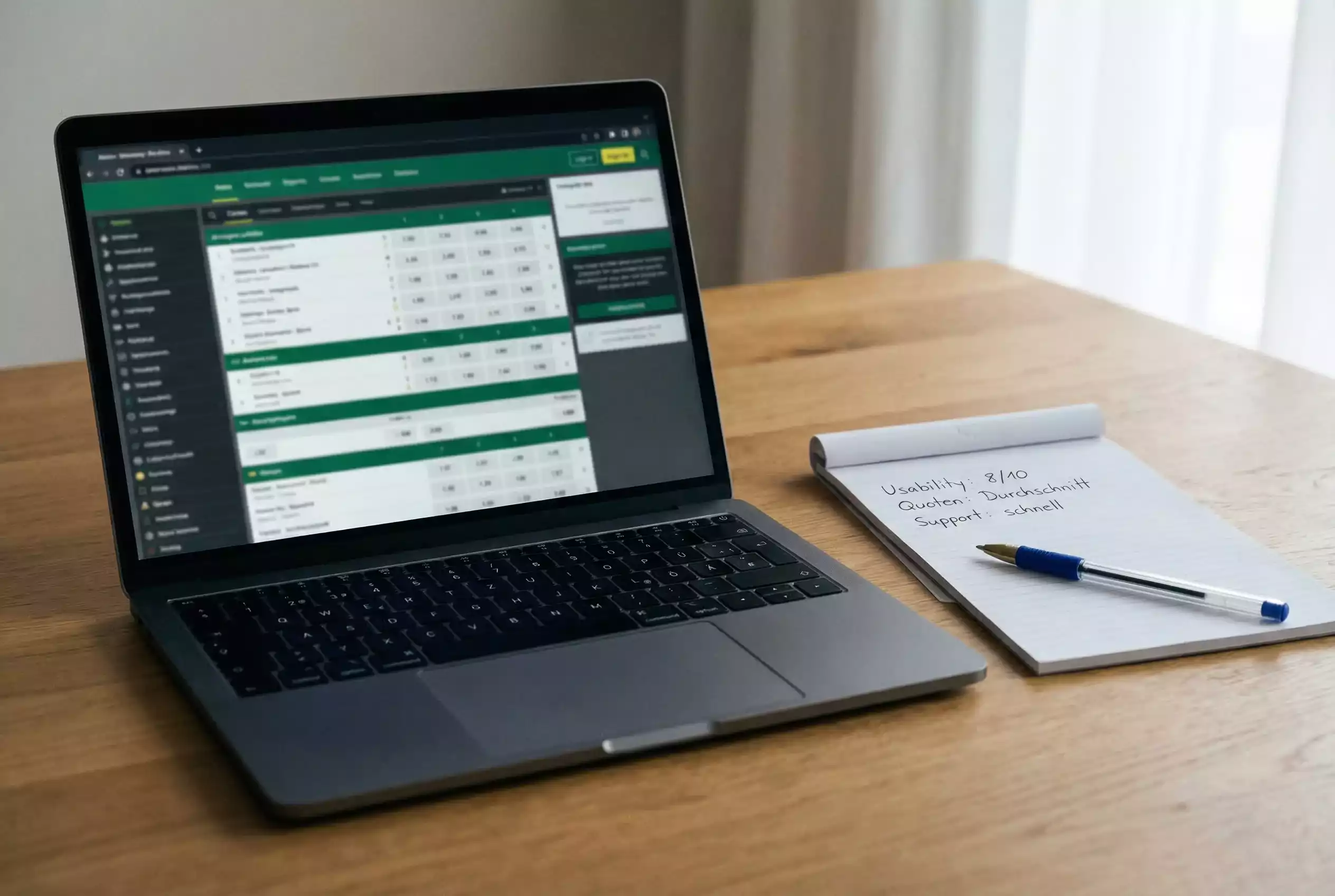 Pferdewetten.de Test – Laptop mit geöffneter Wettseite neben Notizblock mit Testergebnissen