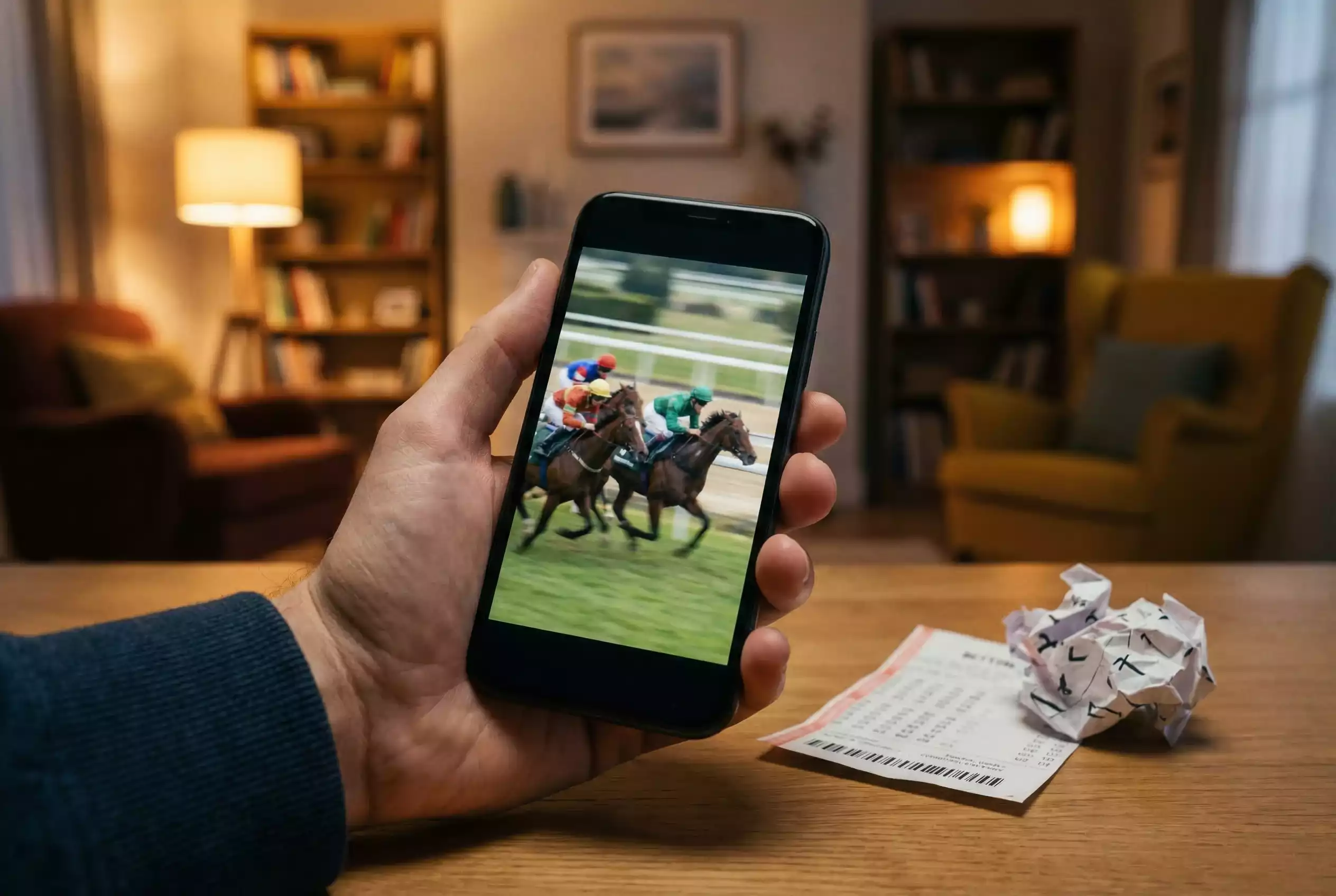 Pferdewetten Livestream – Smartphone mit Pferderennen-Livestream neben einem Wettschein