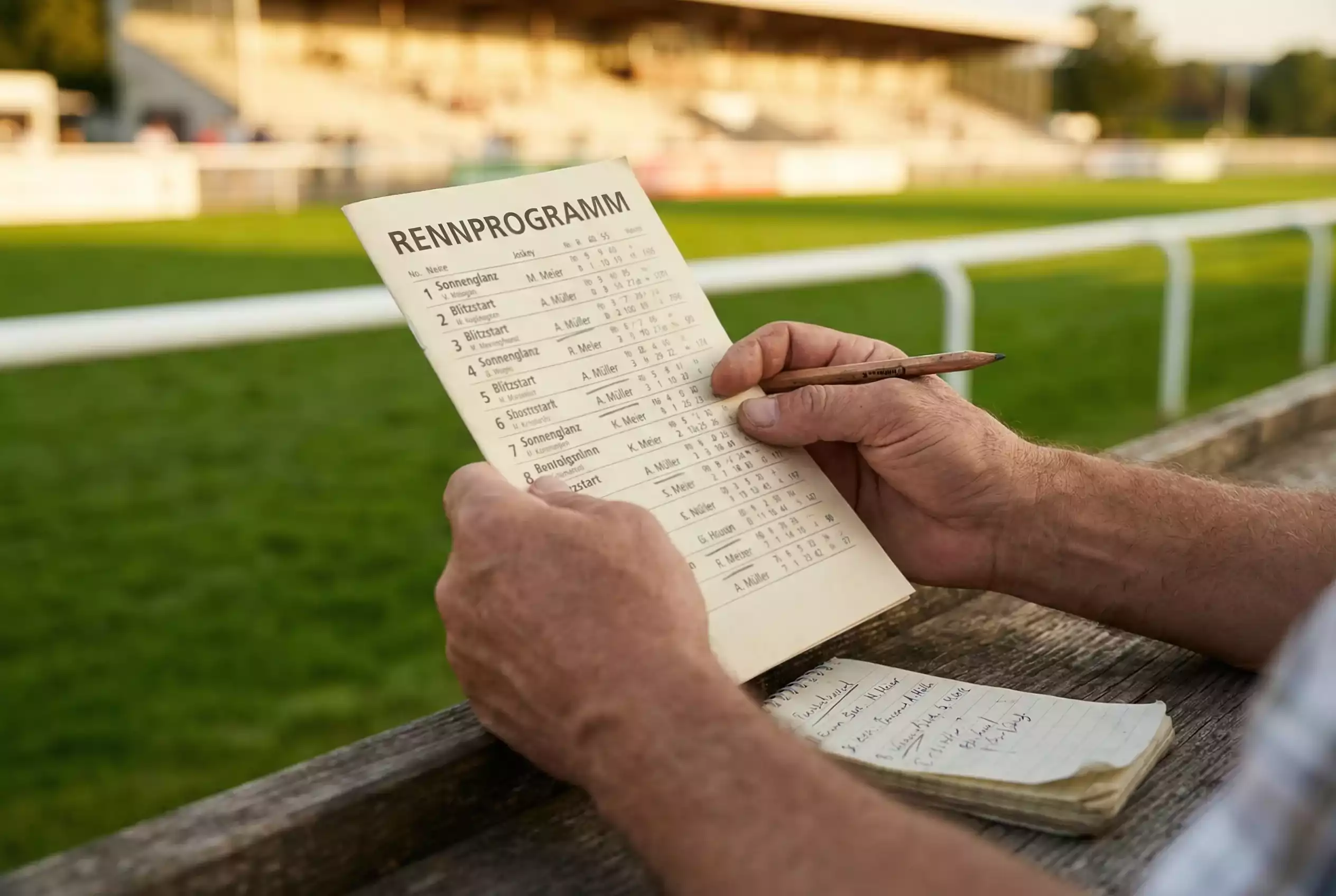 Pferdewetten Strategien – Hand hält Racecard mit Formanalyse vor einer Galopprennbahn bei Tageslicht