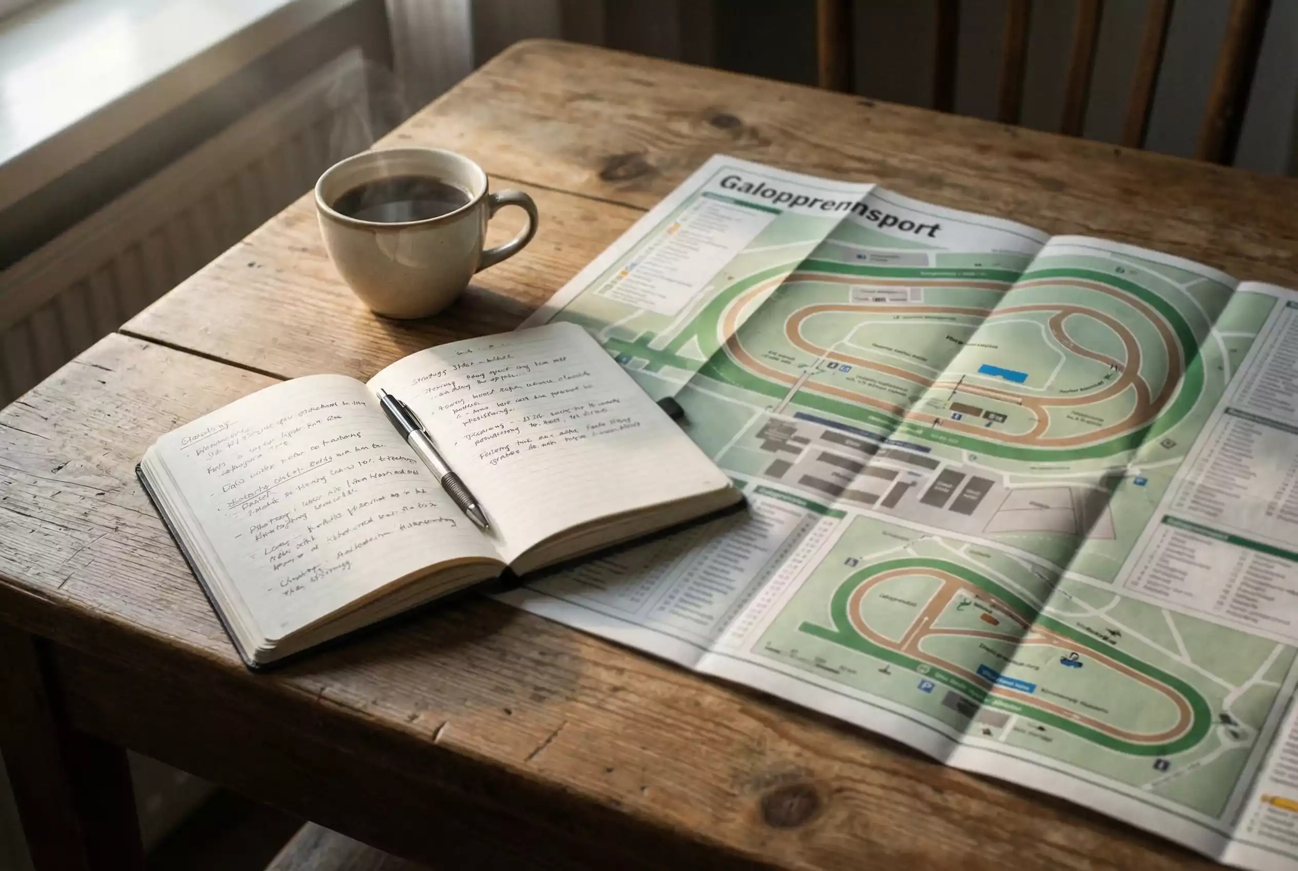 Pferdewetten Tipps – Notizbuch mit Wettstrategie-Notizen neben einer Rennkarte