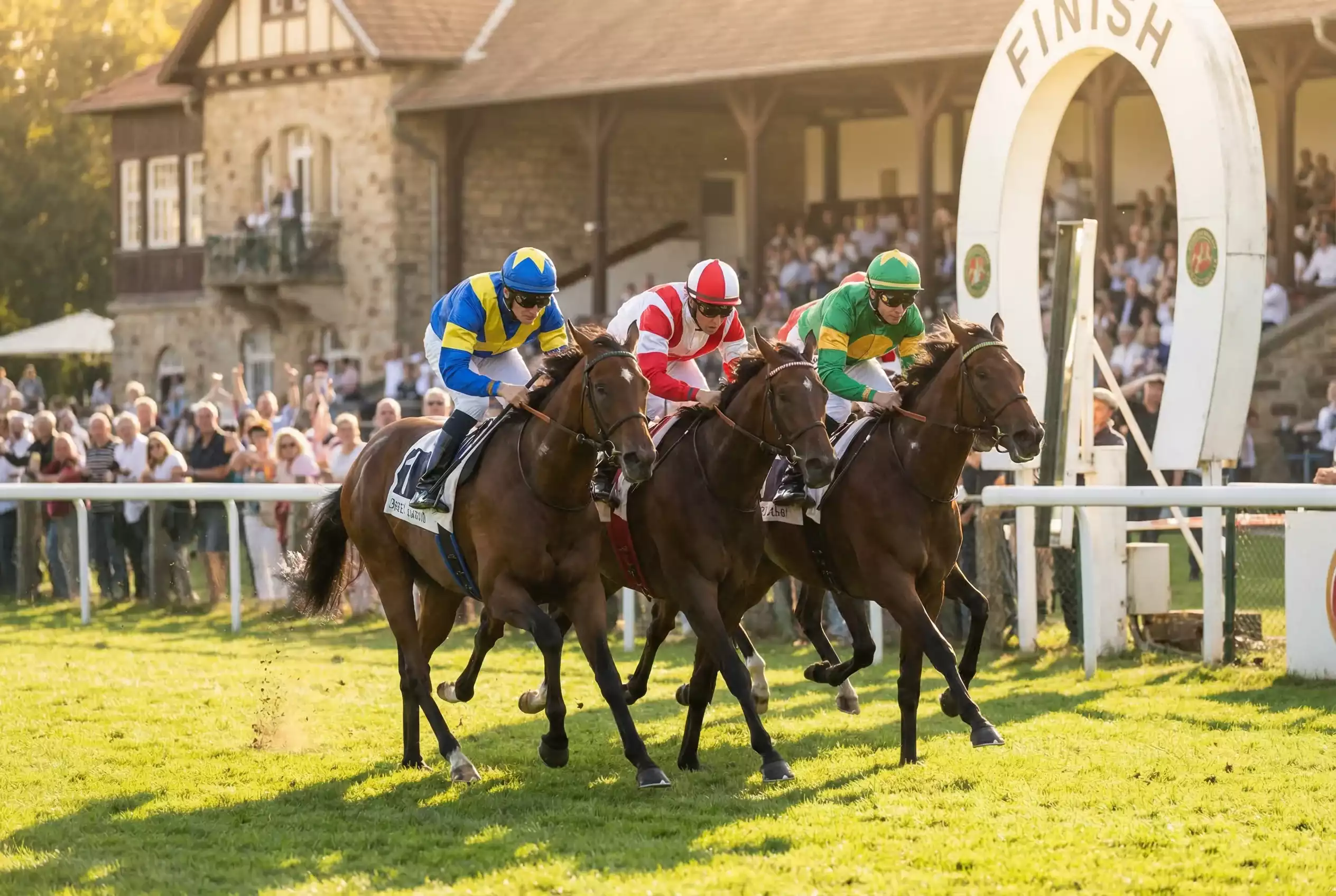 Galopprennen auf einer deutschen Rennbahn mit Jockeys und Pferden im Zieleinlauf