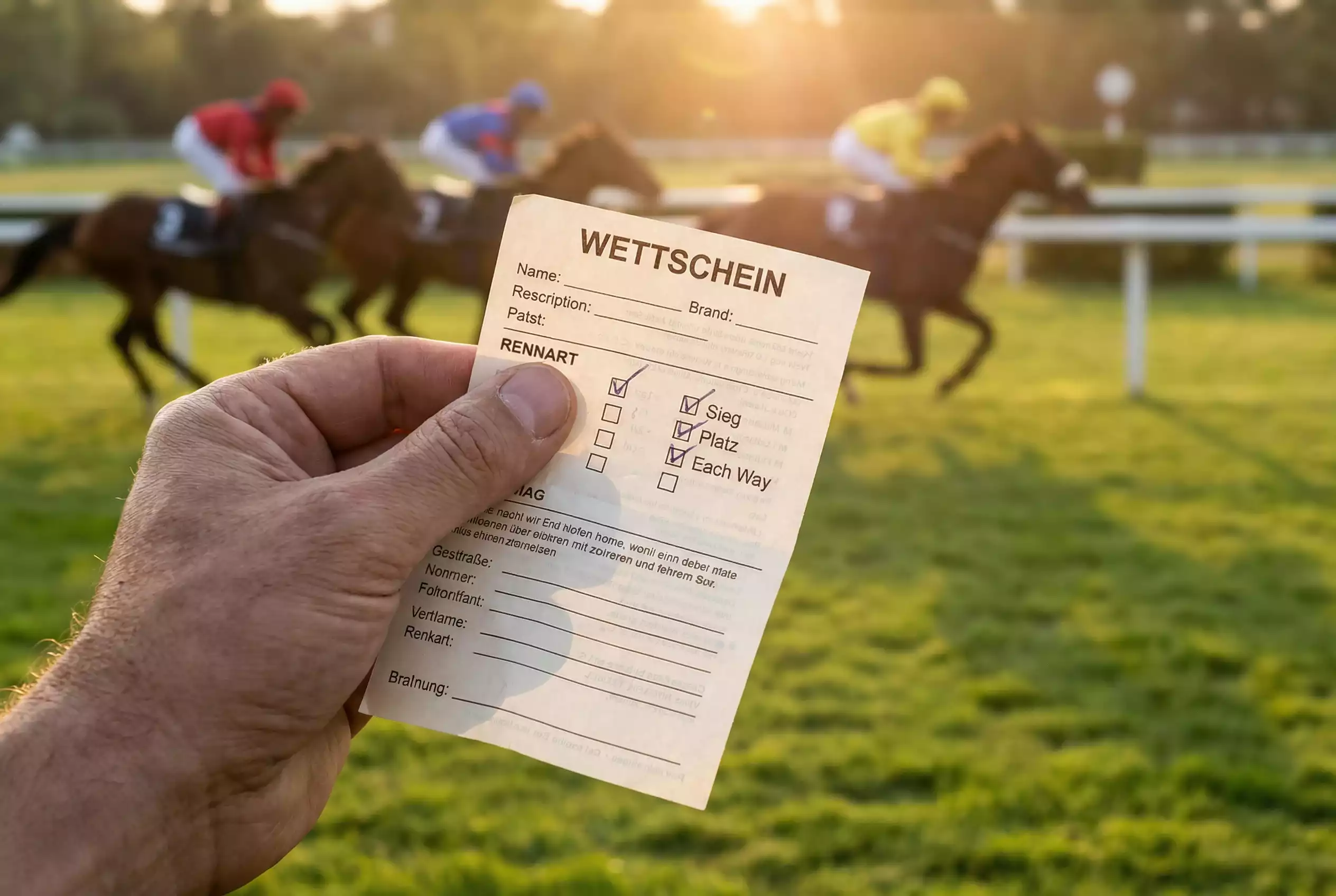 Pferdewetten Wettarten erklärt – Wettschein mit Sieg-, Platz- und Each-Way-Optionen neben einer Galopprennbahn