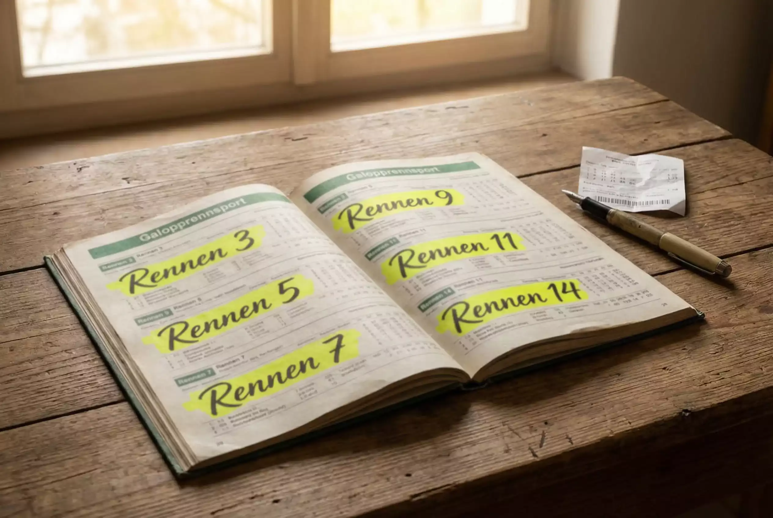 Placepot und Jackpot Wetten – Rennprogramm mit markierten Favoriten für sechs Rennen