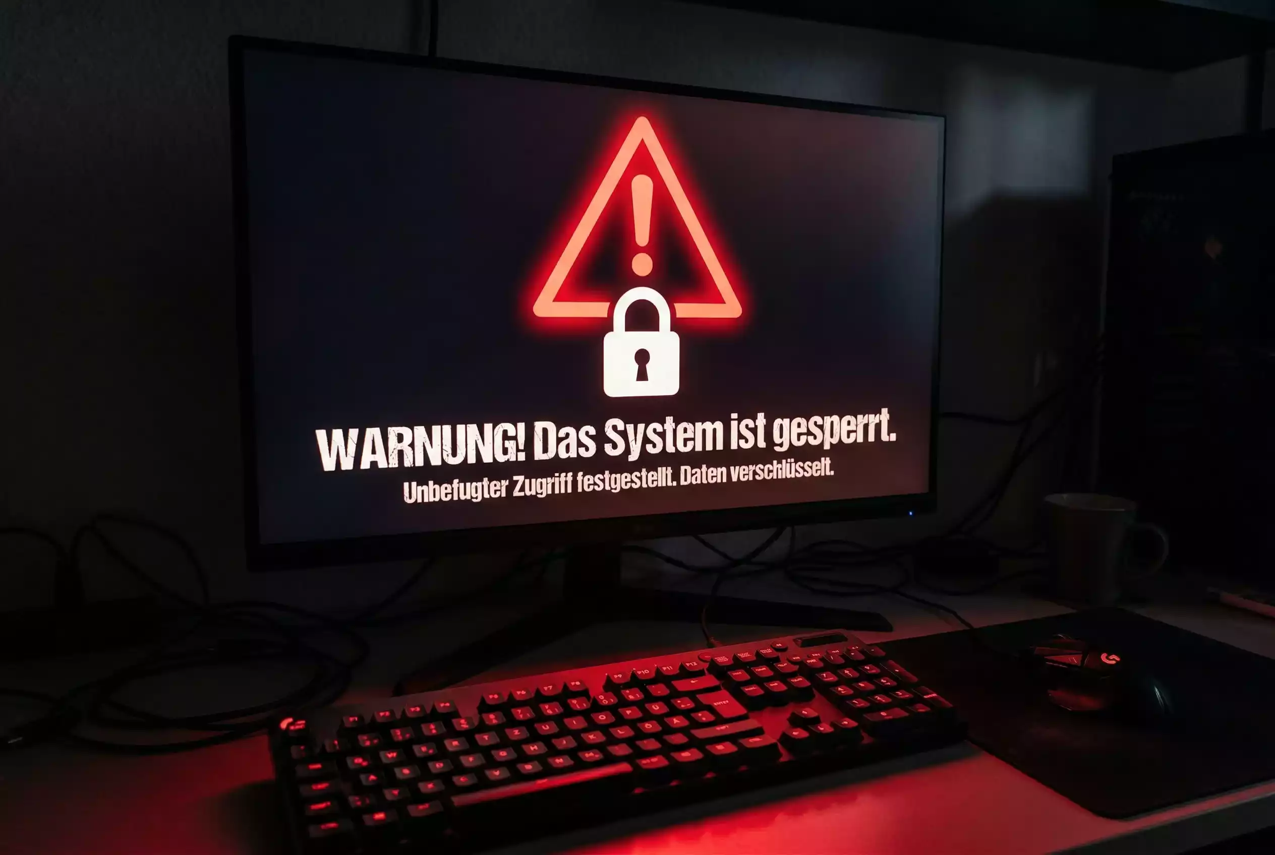 Schwarzmarkt Sportwetten – Warnsymbol vor einem abgedunkelten Bildschirm mit Schlosssymbol