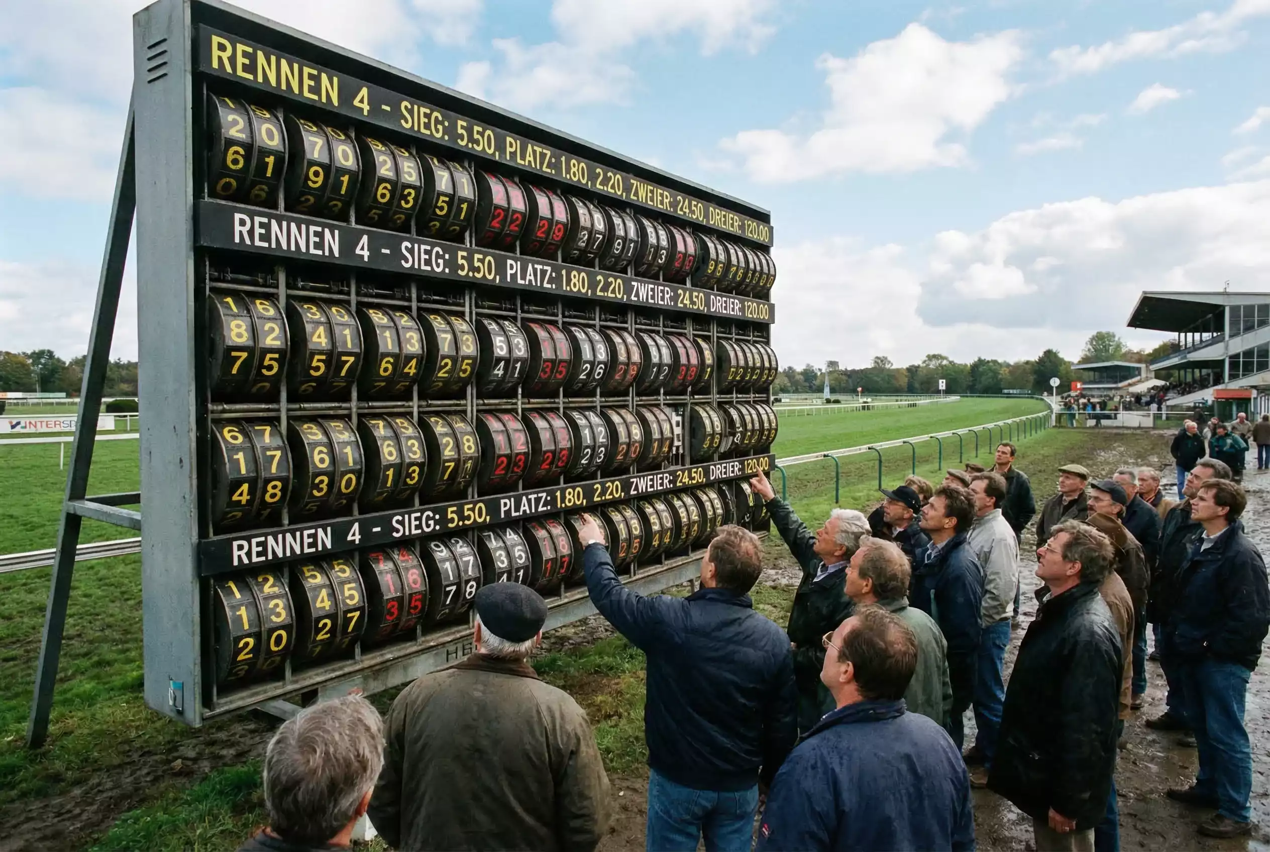Totalisator vs. Festkurs – Quotentafel an einer Pferderennbahn mit Zuschauern